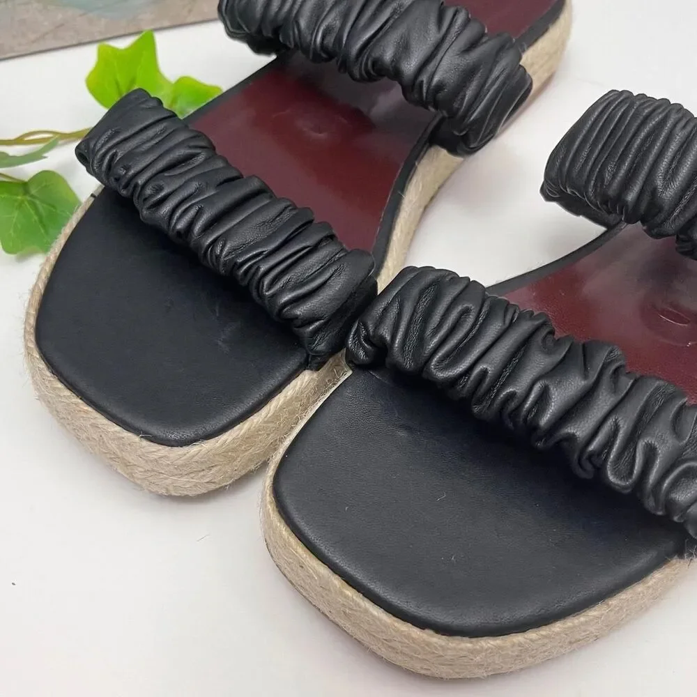 STAUD Maya Leather Ruched Double Strap Espadrille Platform Sandals Sz 37 / US 7